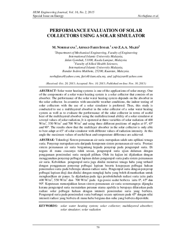 (PDF) Performance Evaluation of Solar Collectors Using a Solar Simulator