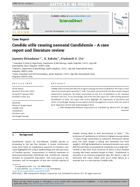 (PDF) Fatal Neonatal Candidemia by Candida utilis