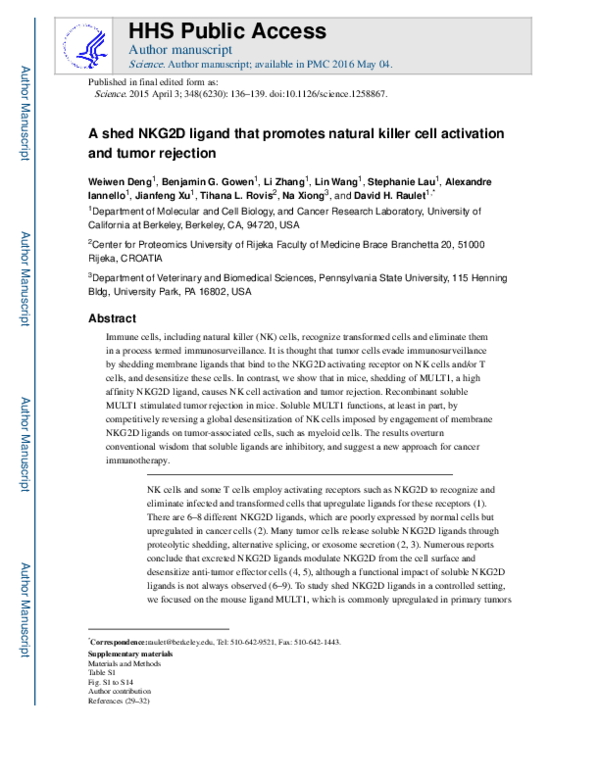 (PDF) A shed NKG2D ligand that promotes natural killer cell activation ...