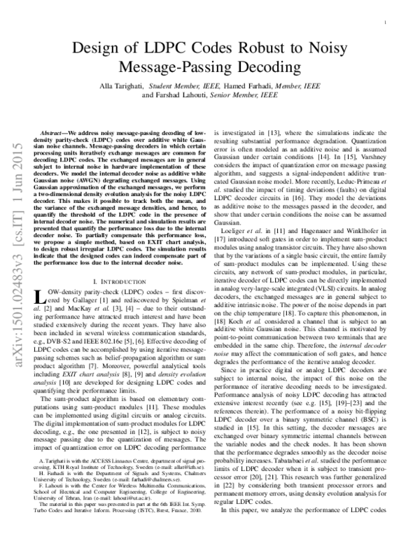 (PDF) Design of LDPC Codes Robust to Noisy Message-Passing Decoding