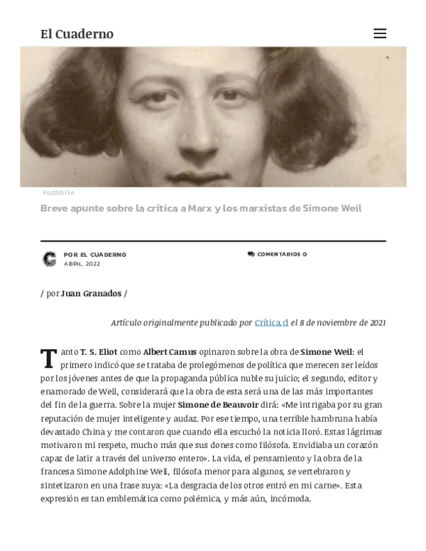 (PDF) Breve apunte sobre la crítica a Marx y los marxistas de Simone Weil
