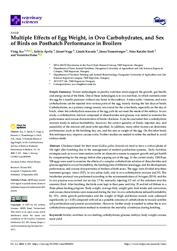 (PDF) Multiple Effects of Egg Weight, in Ovo Carbohydrates, and Sex of ...