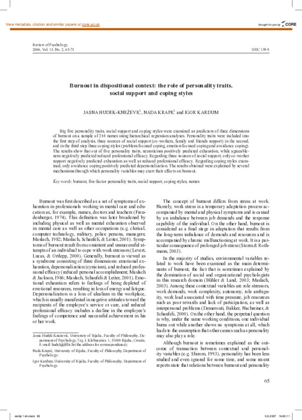 (PDF) Burnout in dispositional context: the role of personality traits ...