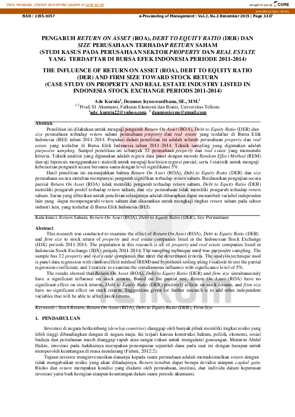 (PDF) PENGARUH RETURN ON ASSET (ROA), DEBT TO EQUITY RATIO (DER), DAN ...