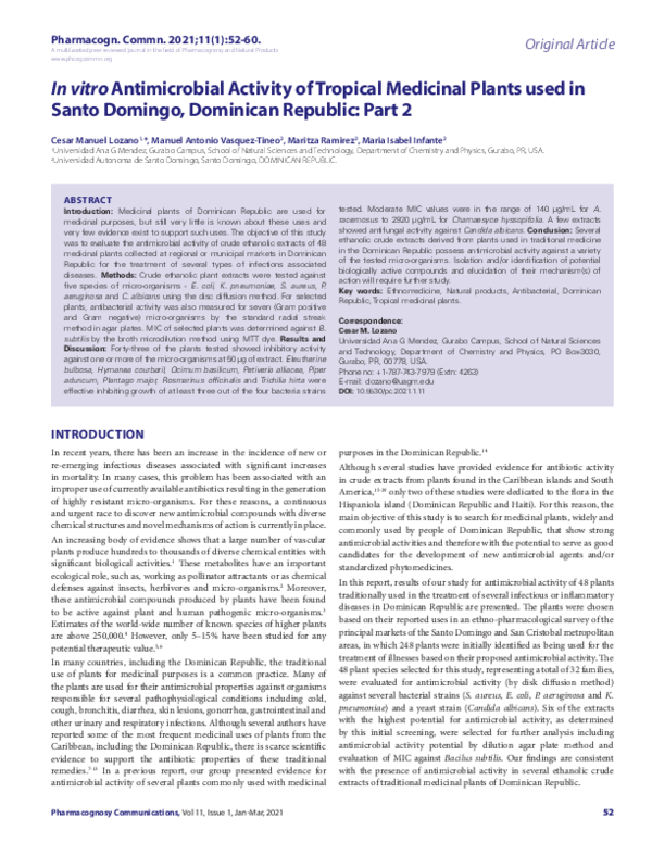 (PDF) In vitro Antimicrobial Activity of Tropical Medicinal Plants used ...