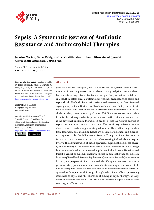 (PDF) Sepsis A Systematic Review of Antibiotic Resistance and