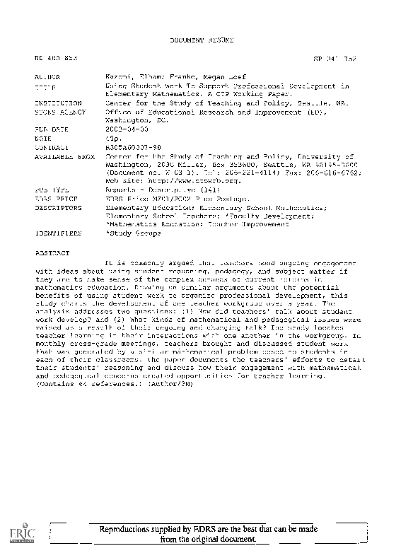 (PDF) Using Student Work To Support Professional Development in ...
