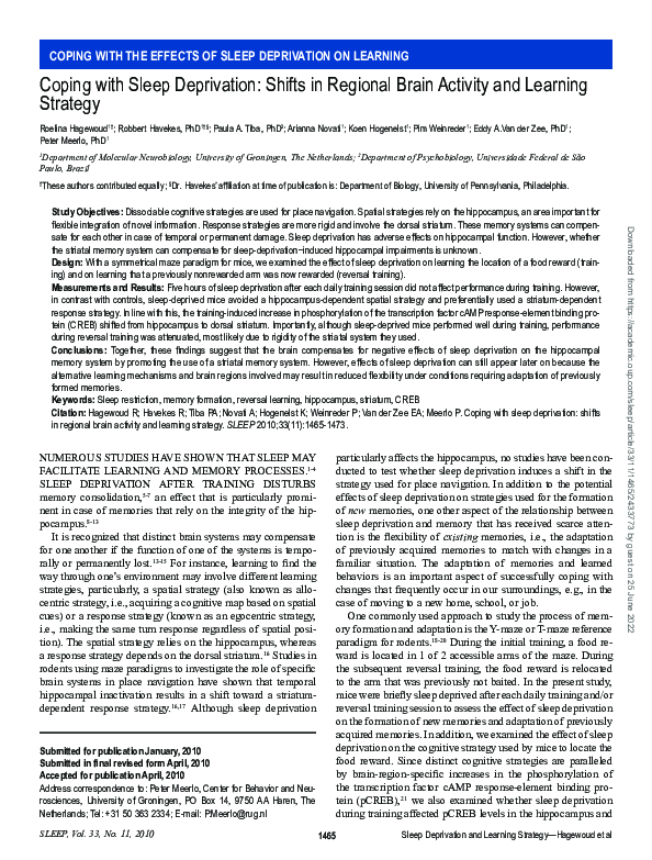 (PDF) Coping with Sleep Deprivation: Shifts in Regional Brain Activity ...