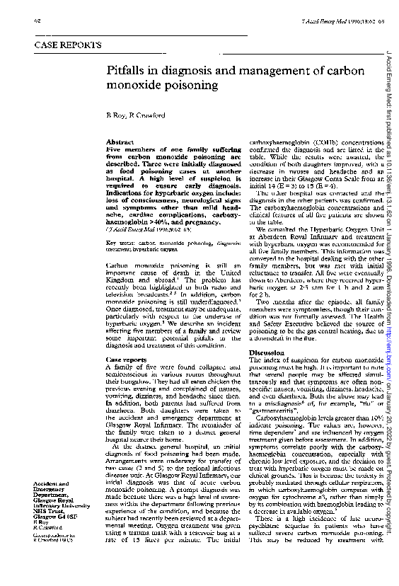 (PDF) Pitfalls in diagnosis and management of carbon monoxide poisoning