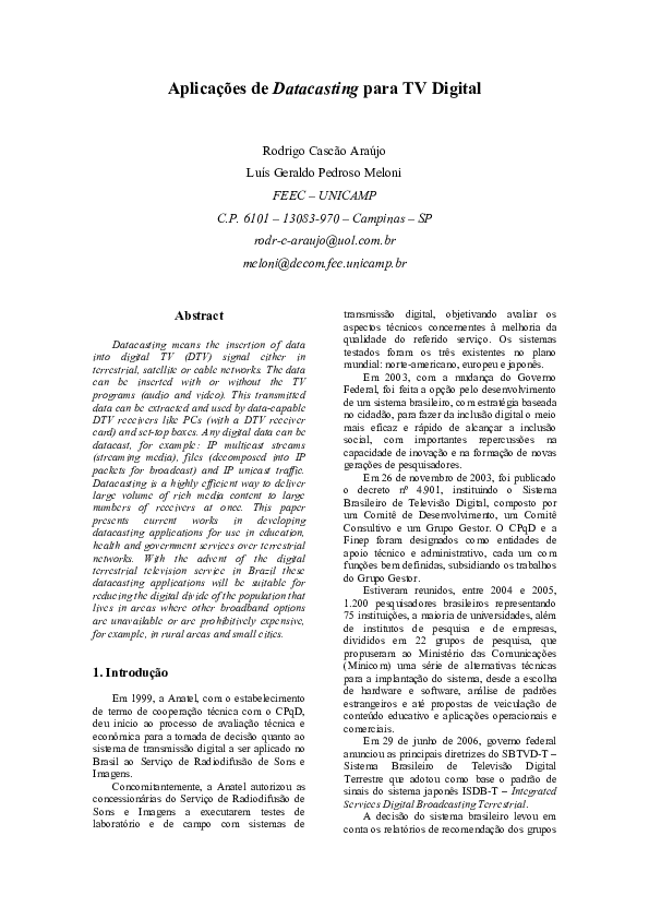 (PDF) Aplicações de Datacasting para TV Digital