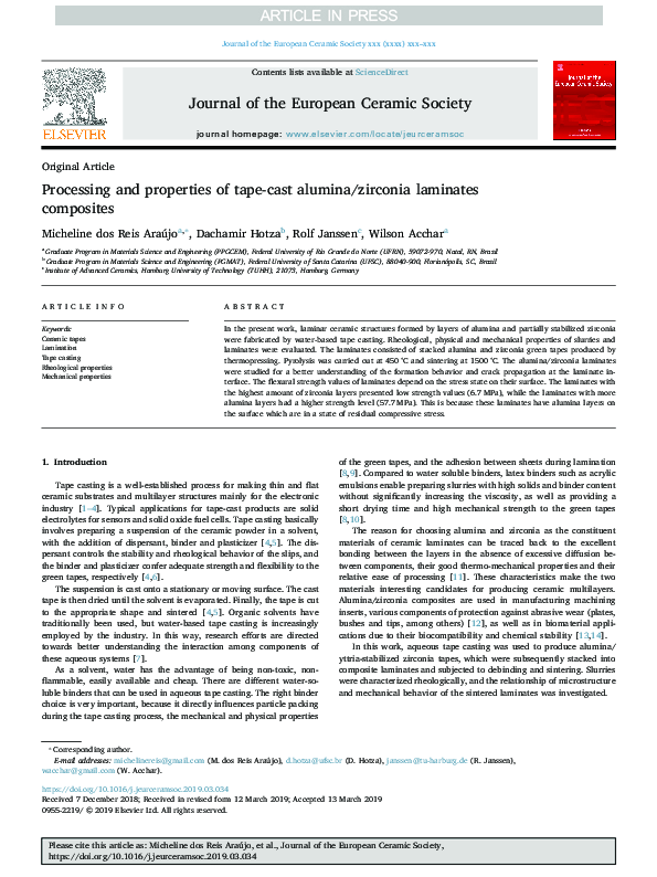 (PDF) Processing and properties of tapecast alumina/zirconia laminates