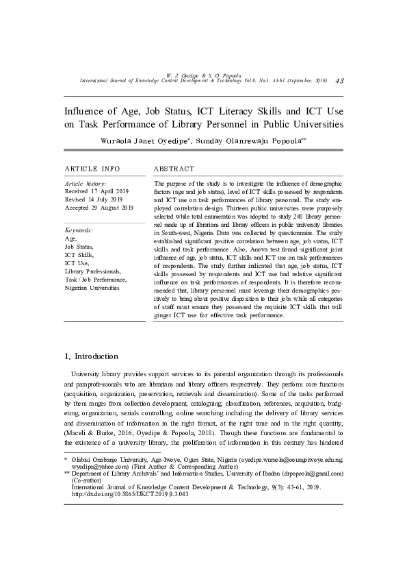 (PDF) Influence of Age, Job Status, ICT Literacy Skills and ICT Use on ...