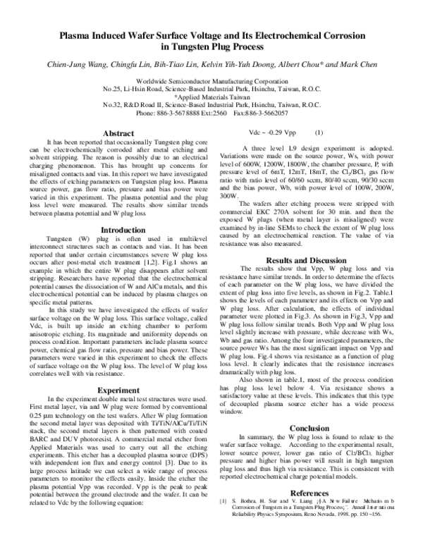 (PDF) Plasma Induced Wafer Surface Voltage and Its Electrochemical