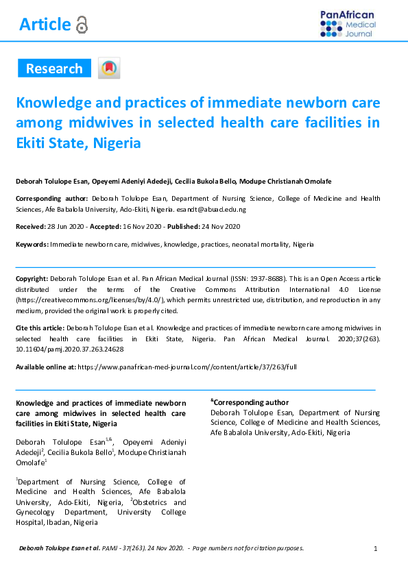 (PDF) Knowledge and practices of immediate newborn care among midwives ...