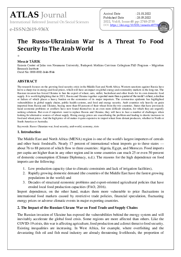(PDF) The Russo-Ukrainian War Is A Threat To Food Security In The Arab ...