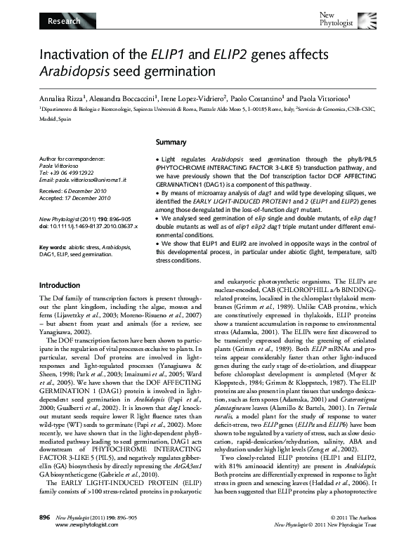 (PDF) Inactivation of the ELIP1 and ELIP2 genes affects Arabidopsis ...