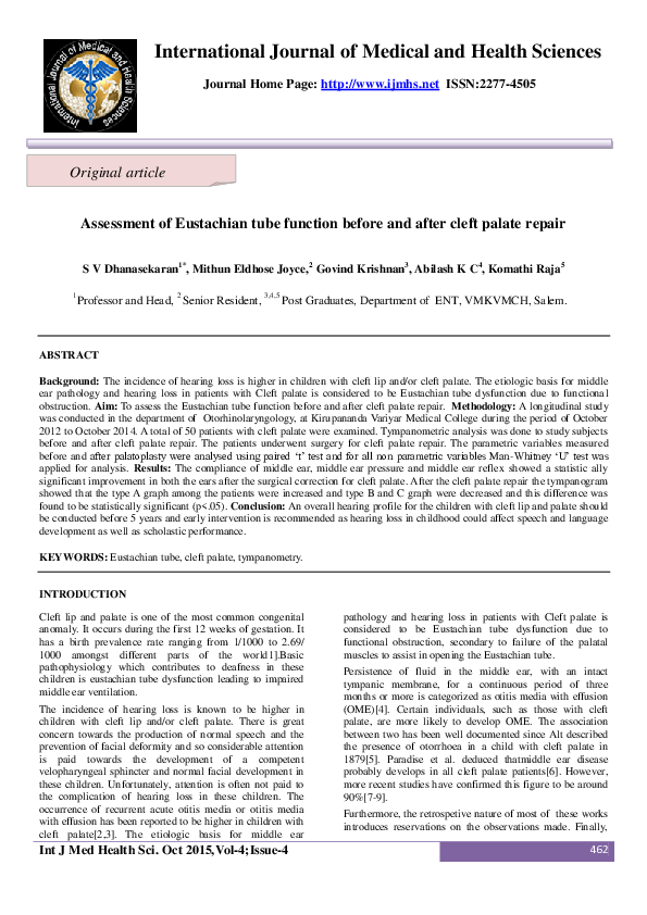 (PDF) Assessment of Eustachian tube function before and after cleft