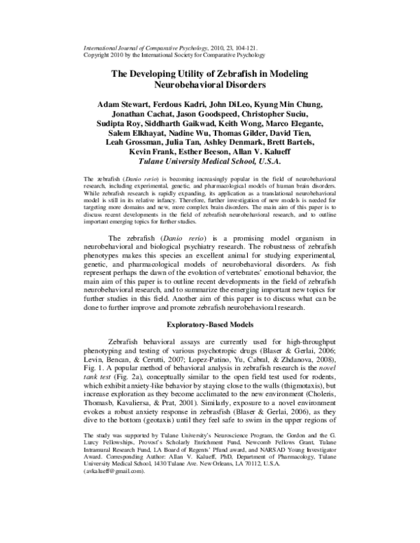 (PDF) The developing utility of zebrafish in modeling neurobehavioral ...