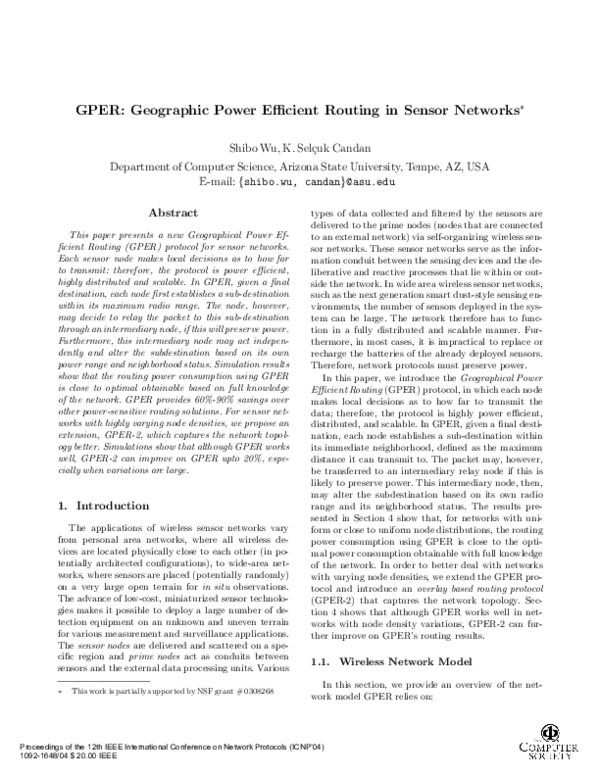 (PDF) GPER: geographic power efficient routing in sensor networks
