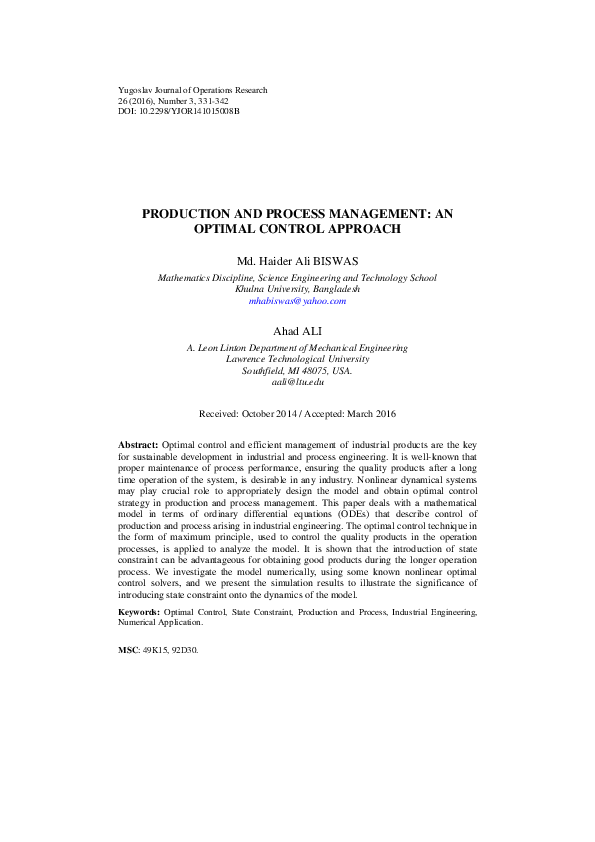 (PDF) Production and process management: An optimal control approach