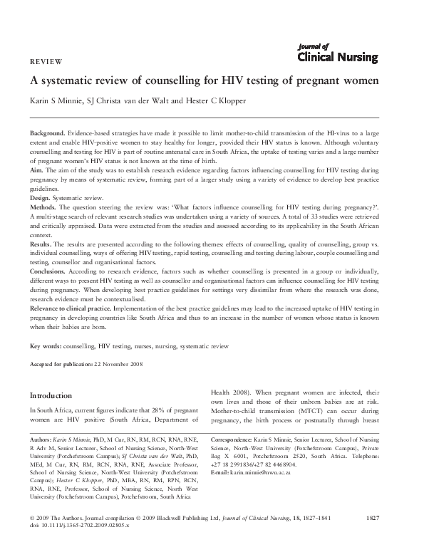 (PDF) A systematic review of counselling for HIV testing of pregnant