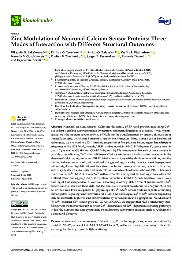 (PDF) Zinc Modulation of Neuronal Calcium Sensor Proteins Three Modes