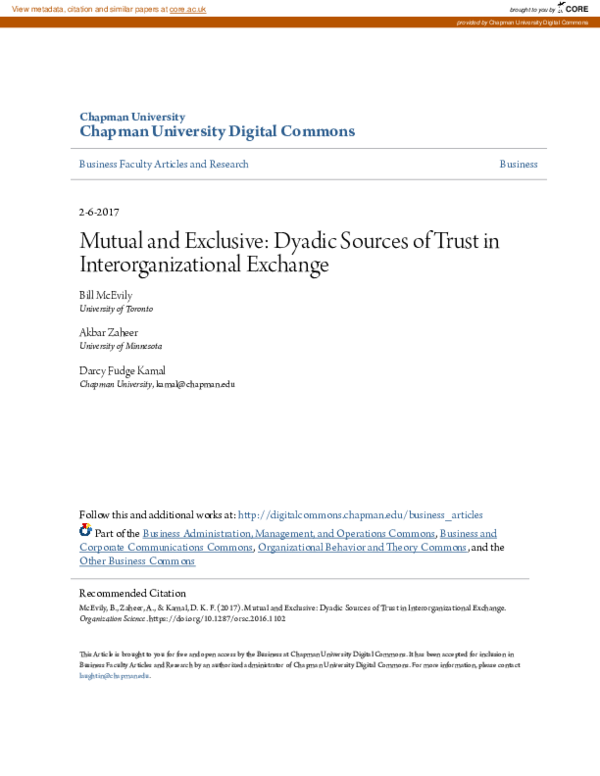 (PDF) Dyadic Sources of Trust in Interorganizational Exchange