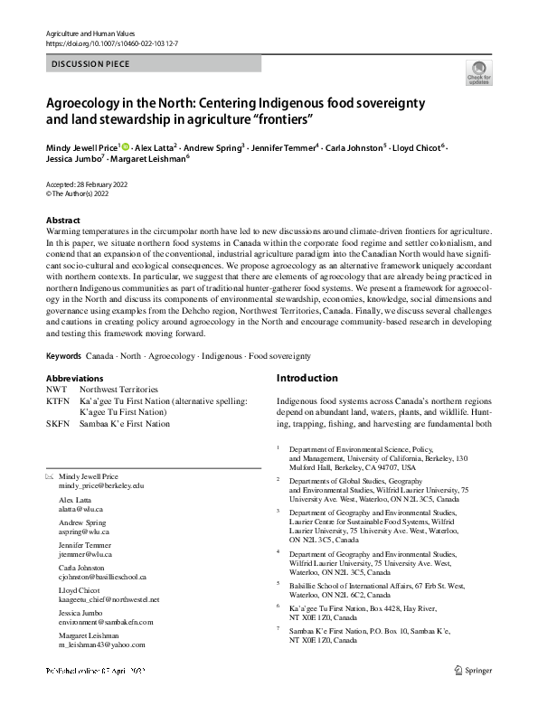 (PDF) Agroecology in the North: Centering Indigenous food sovereignty ...