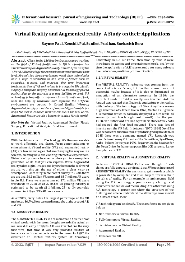 (PDF) Virtual Reality and Augmented reality: A Study on their Applications