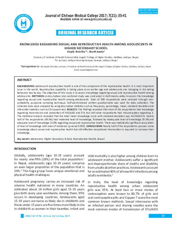 (PDF) Knowledge regarding sexual and reproductive health among ...
