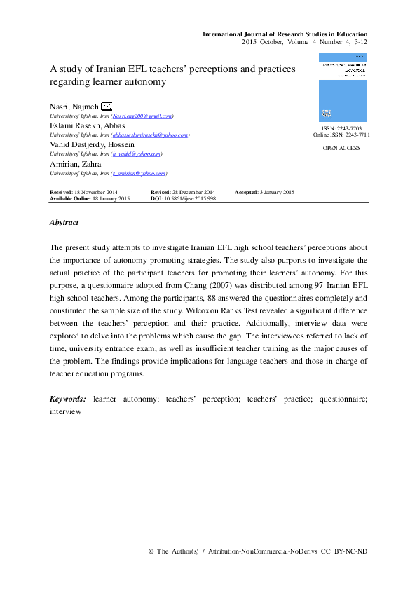 (PDF) A study of Iranian EFL teachers’ perceptions and practices ...