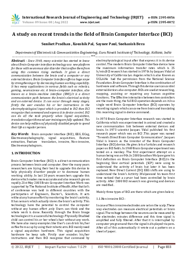 (PDF) A study on recent trends in the field of Brain Computer Interface ...