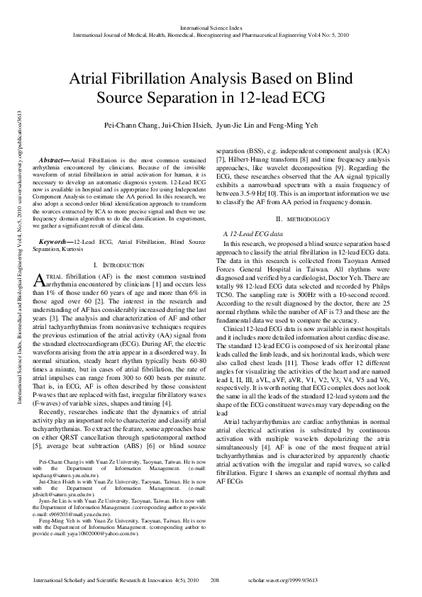 (PDF) Atrial fibrillation analysis based on blind source separation in ...