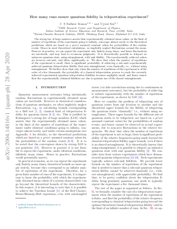 (PDF) How many runs ensure quantum fidelity in teleportation experiment