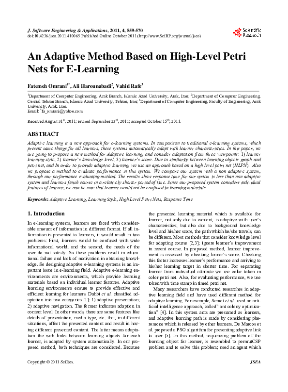 (PDF) An Adaptive Method Based on High-Level Petri Nets for E-Learning