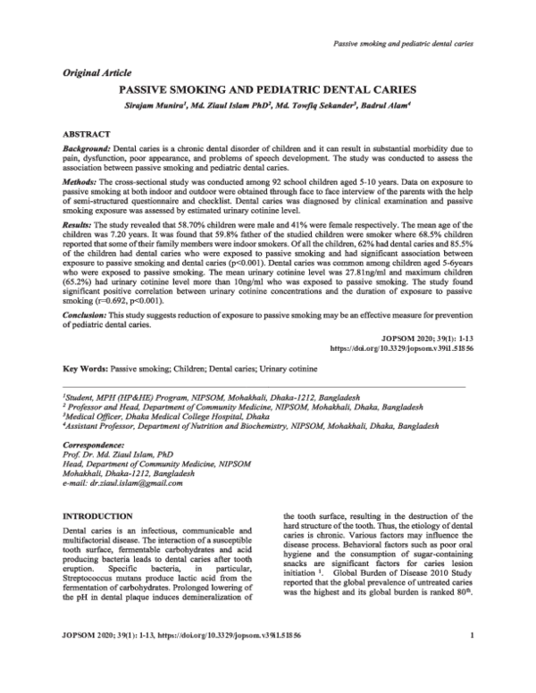 (PDF) Passive Smoking and Pediatric Dental Caries Sirajam Munira