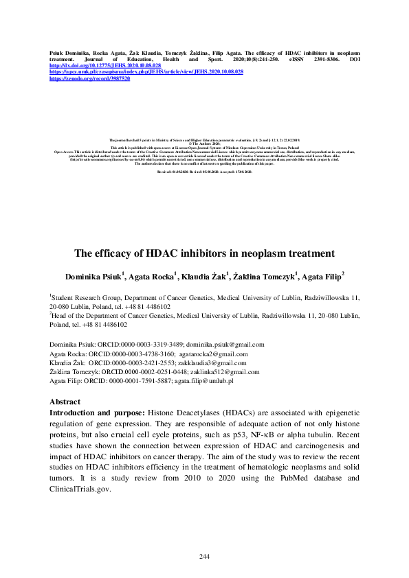 (PDF) The efficacy of HDAC inhibitors in neoplasm treatment