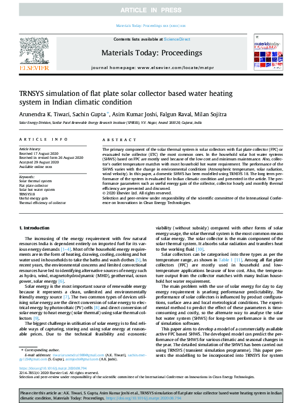 (PDF) TRNSYS simulation of flat plate solar collector based water ...