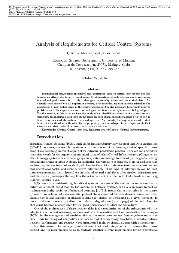 (PDF) Analysis of requirements for critical control systems