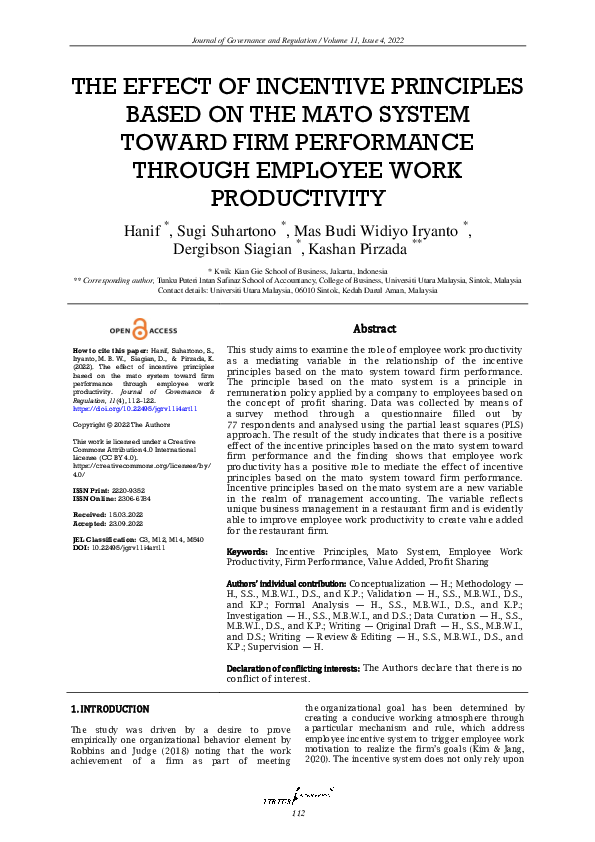 (PDF) The effect of incentive principles based on the mato system ...