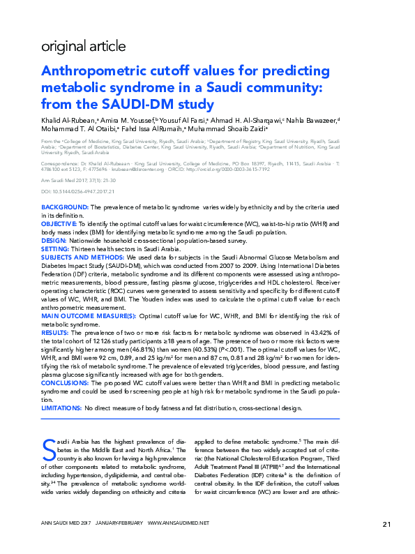 (PDF) Anthropometric cutoff values for predicting metabolic syndrome in ...