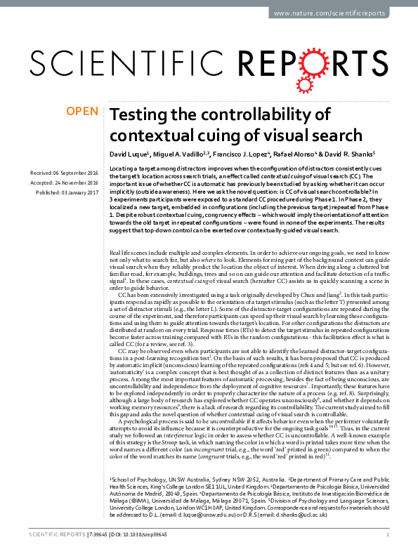 (PDF) Testing the controllability of contextual cuing of visual search
