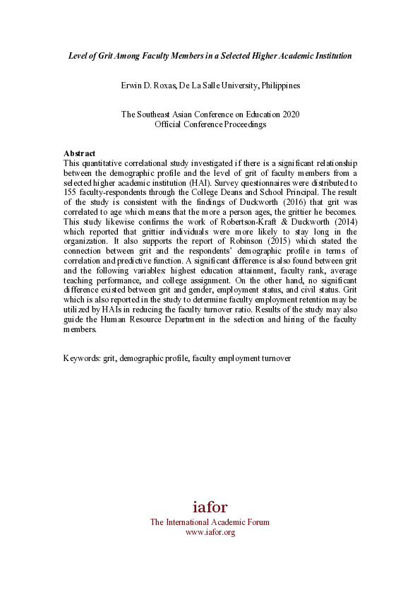 (PDF) Level of Grit Among Faculty Members in a Selected Higher Academic ...