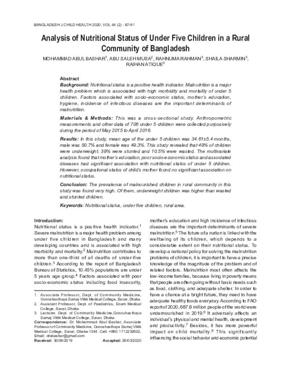 (PDF) Analysis of Nutritional Status of Under Five Children in a Rural ...