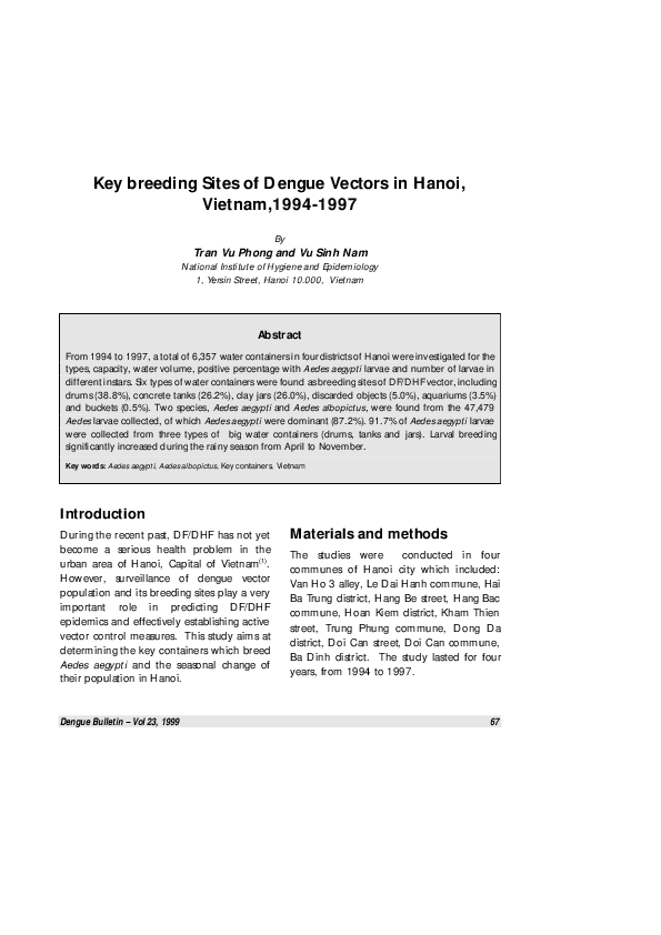 (PDF) Key Breeding Sites of Dengue Vectors In Hanoi, Vietnam, 1994-1997