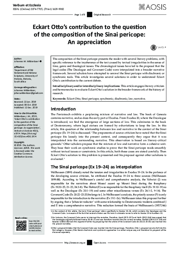 (PDF) The Sinai pericope (Ex 19–24) as interpolation