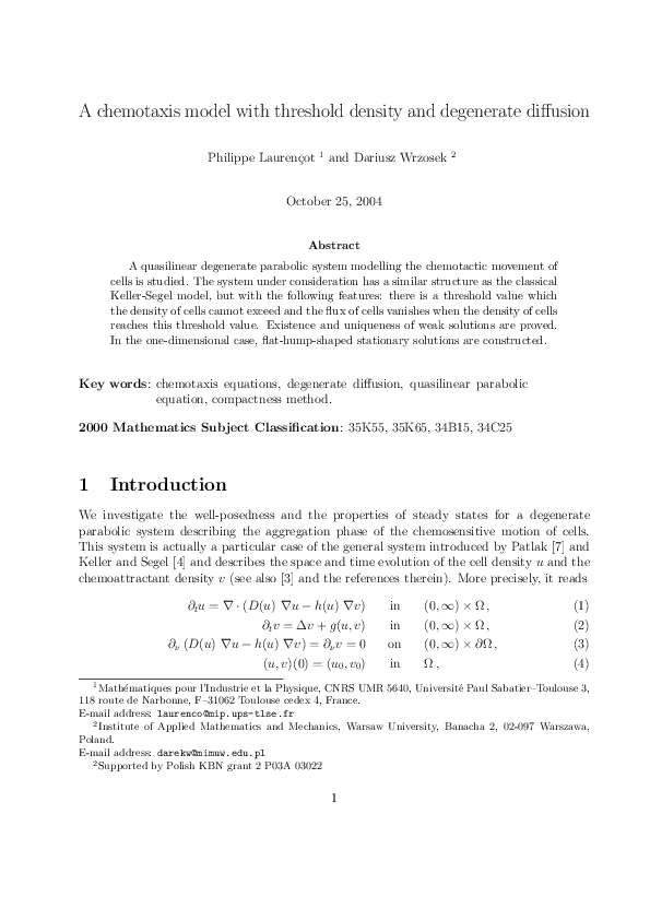 (PDF) A Chemotaxis Model with Threshold Density and Degenerate Diffusion