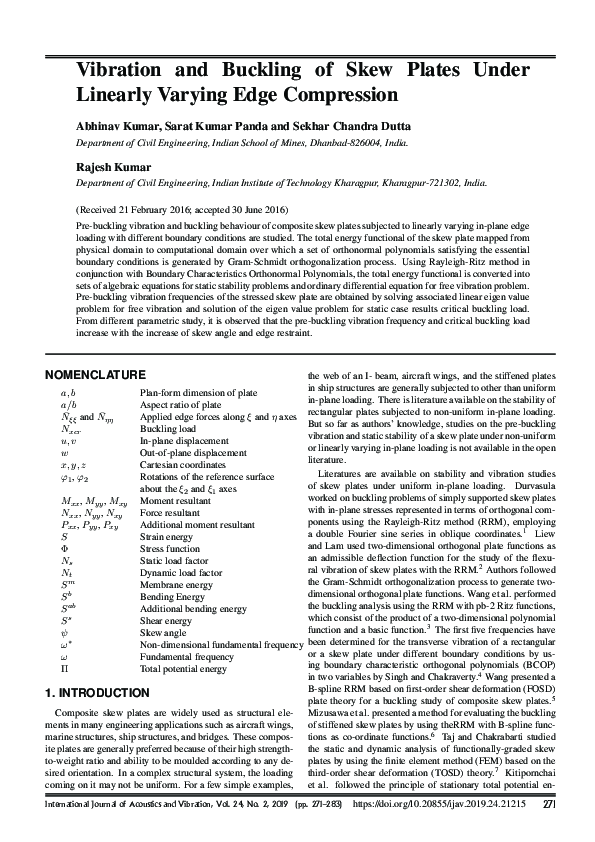 (PDF) Vibration and Buckling of Skew Plates Under Linearly Varying Edge ...