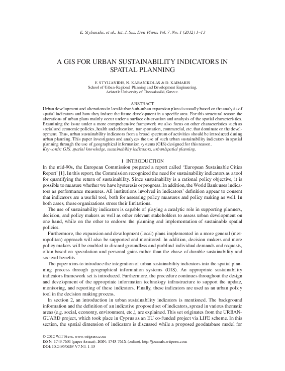 (PDF) A gis for urban sustainability indicators in spatial planning