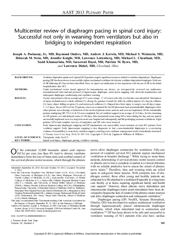 (PDF) Multicenter review of diaphragm pacing in spinal cord injury